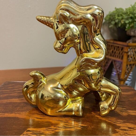 Mirrored Metallic Gold Unicorn Figurines Set of 2 - Picture 4 of 16